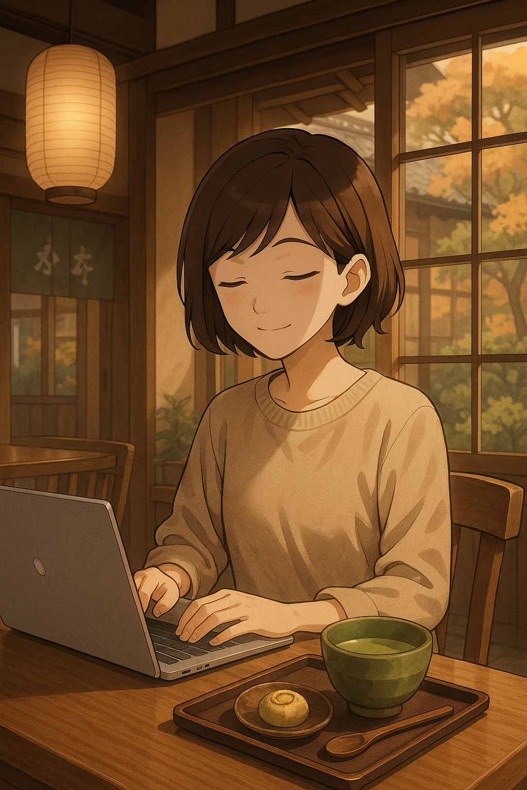 Hadu writing a Japanese culture blog in a cozy cafe