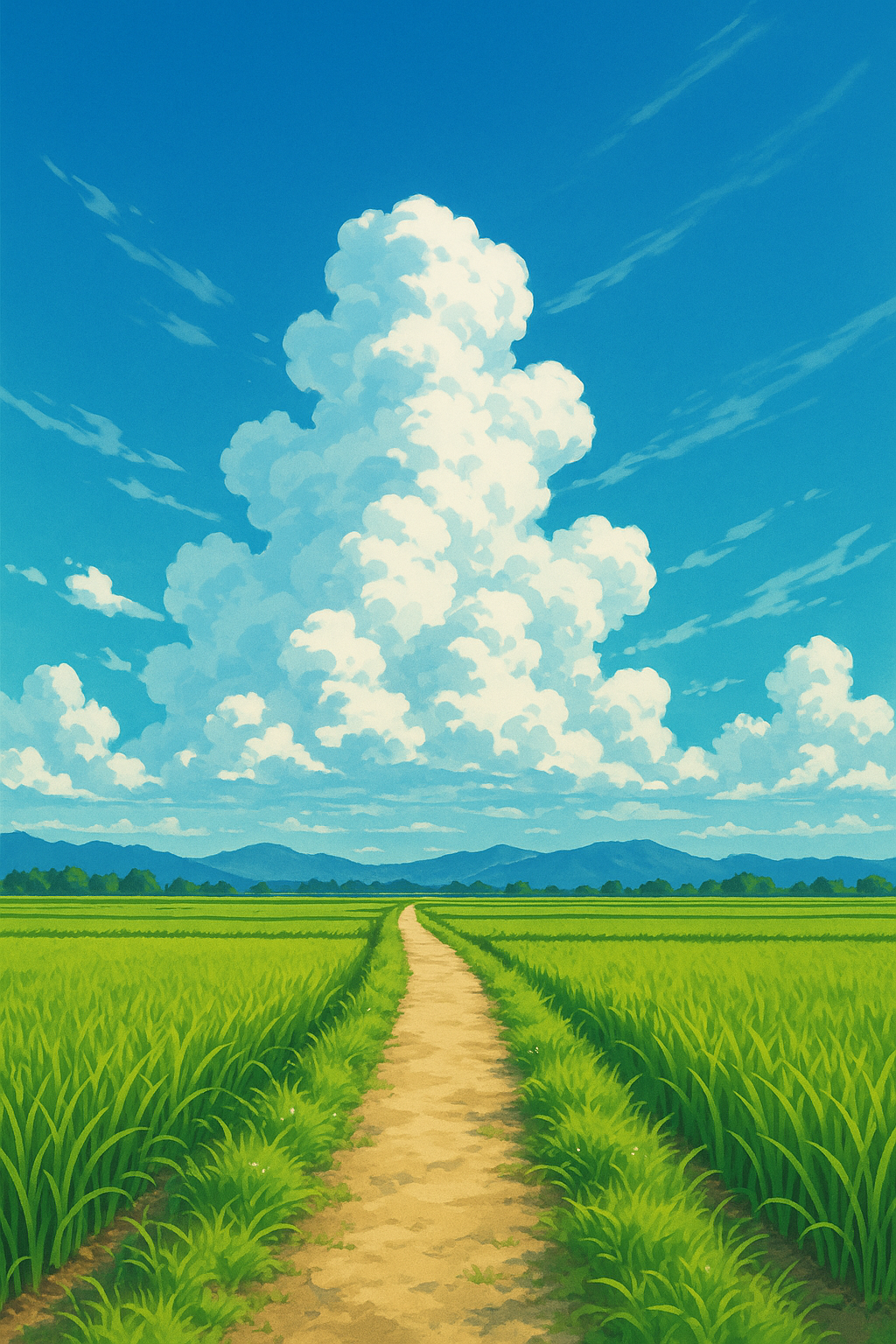 Anime-style summer countryside path with tall green grass and a towering cumulonimbus cloud under a clear blue sky, representing the setting of "The Summer Hikaru Died."