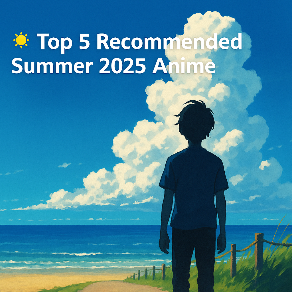 A scenic anime-style illustration of a summer 2025 seaside with distant cumulonimbus clouds and silhouettes of people, used as a featured image for recommended anime picks.
