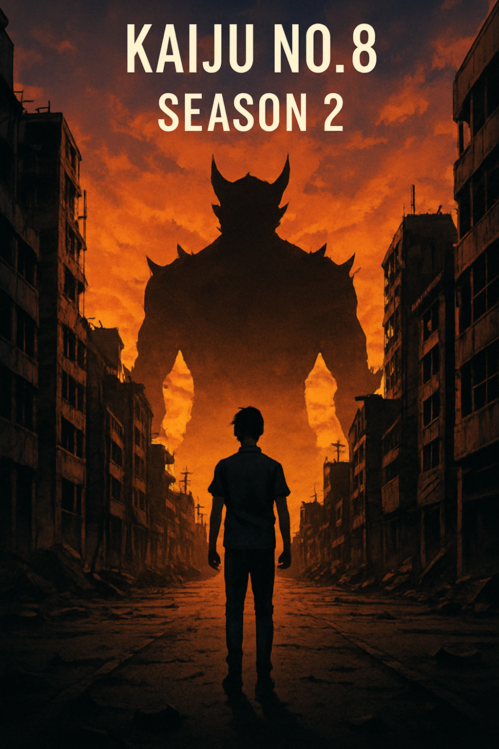 Anime-style illustration of a ruined city at sunset, with the silhouette of a man and a kaiju-like monster in the background, representing Kaiju No. 8 Season 2.