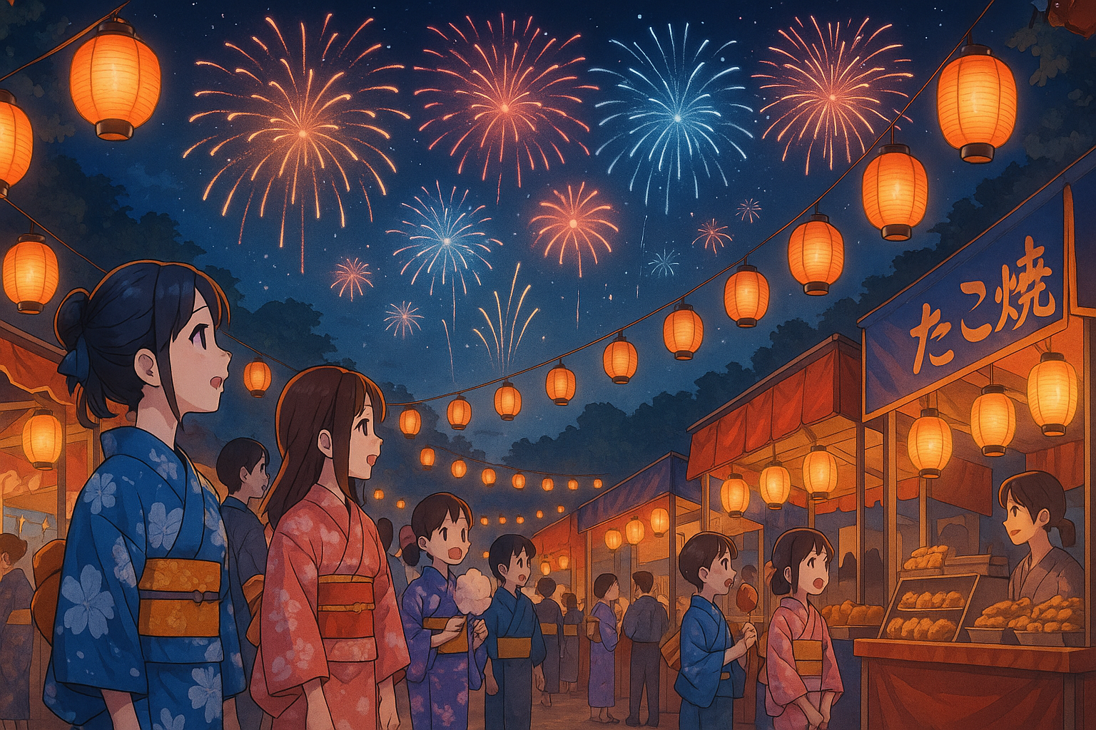 Anime-style illustration of a Japanese summer festival at night, with people wearing yukata, glowing lanterns, food stalls, and colorful fireworks in the sky.
