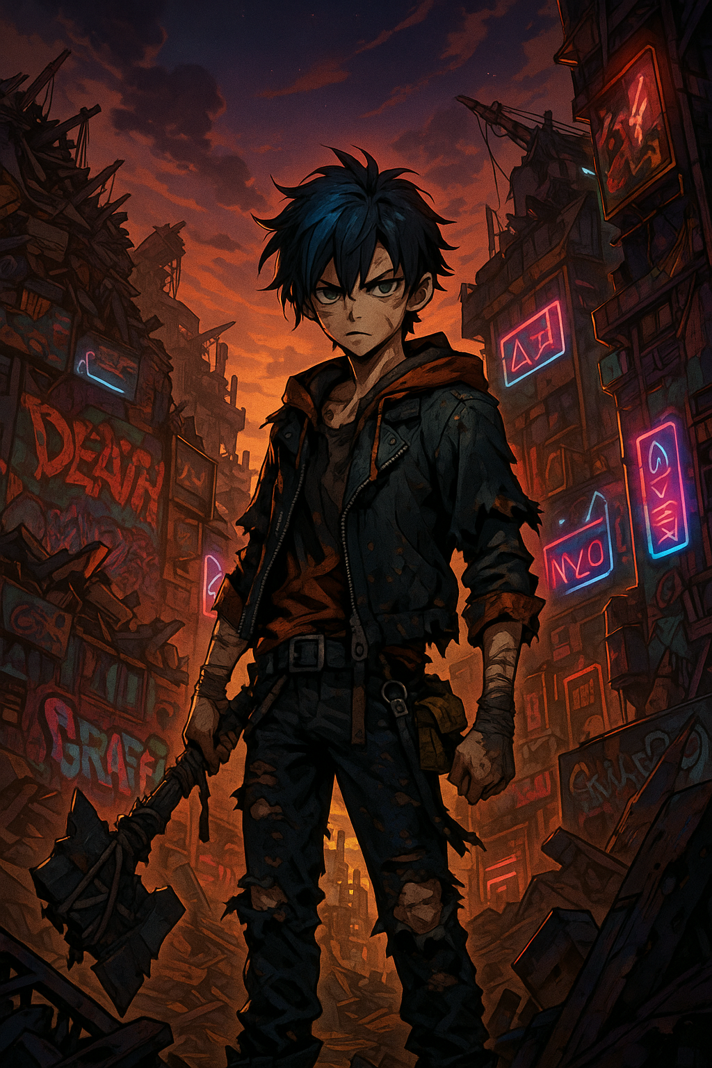 Anime-style illustration of a young boy standing in a massive junkyard city at sunset, surrounded by graffiti-covered scrap and glowing neon lights. Inspired by Gachiakuta