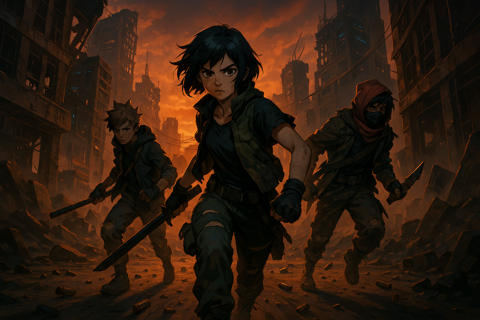 A dramatic anime-style illustration of three young scavengers in torn techwear, standing in a ruined post-apocalyptic city at sunset, surrounded by debris, cyberpunk lights, and bullet casings.