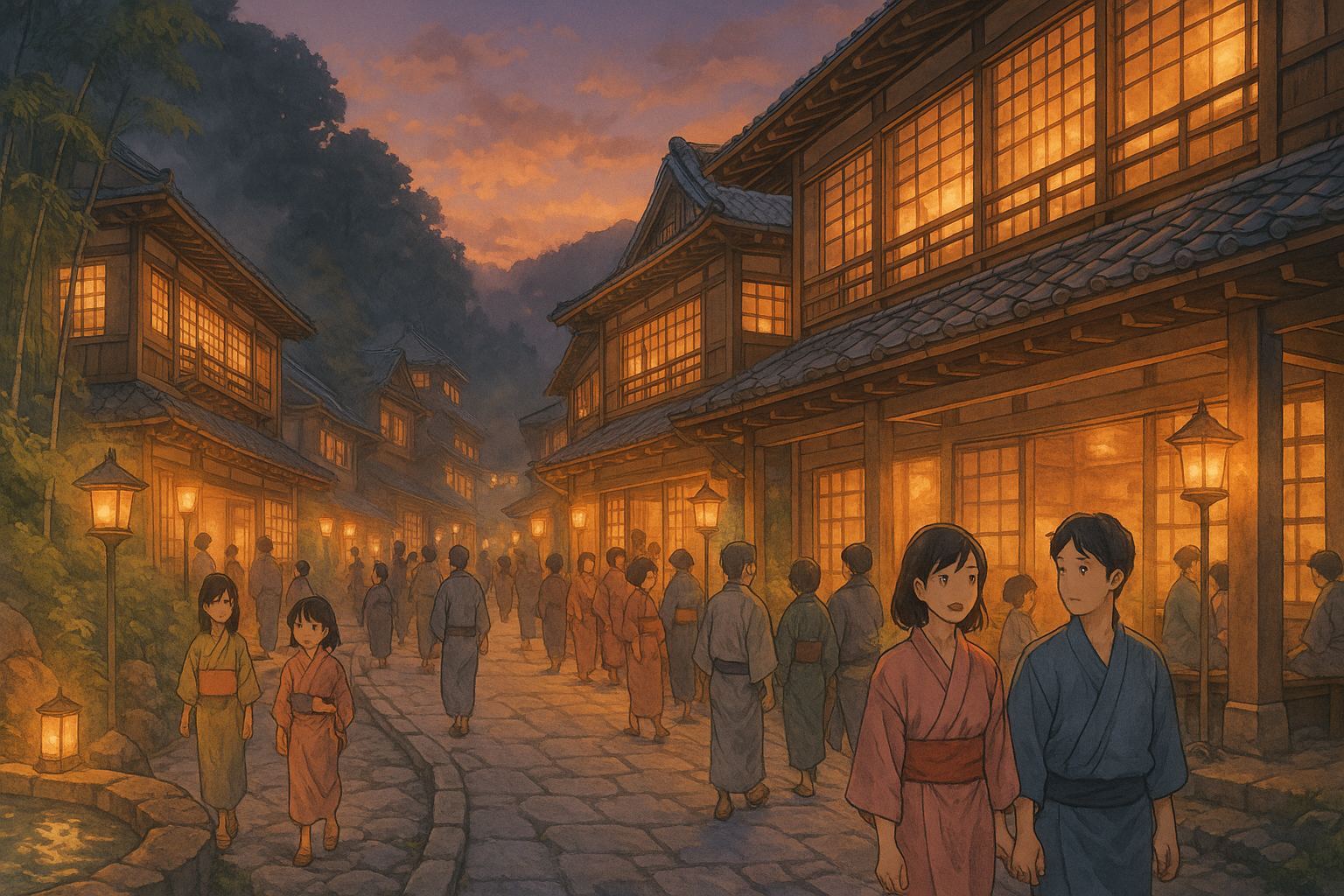 Anime-style illustration of a traditional Japanese hot spring town at dusk, with wooden inns, warm lanterns, and many people walking through the lively street