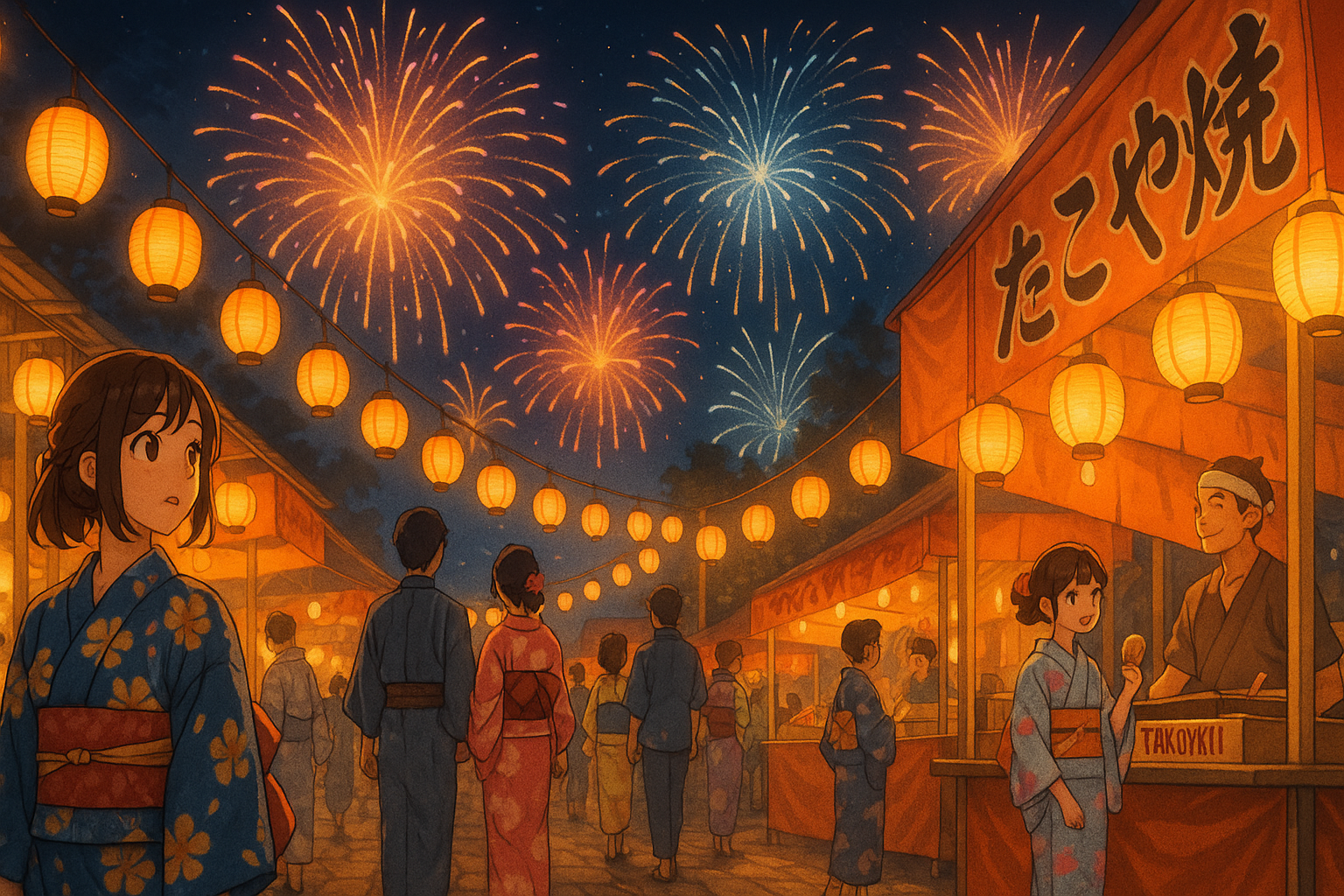 Anime-style illustration of a vibrant Japanese summer festival at night, featuring people in yukata, glowing lanterns, food stalls, and colorful fireworks in the sky.