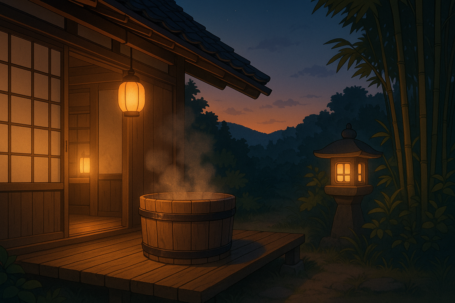A cozy anime-style illustration of a traditional Japanese countryside home at dusk. A steaming wooden Goemon bath sits on the veranda, surrounded by gentle lantern light and natural scenery. No characters are shown, evoking a peaceful and nostalgic atmosphere