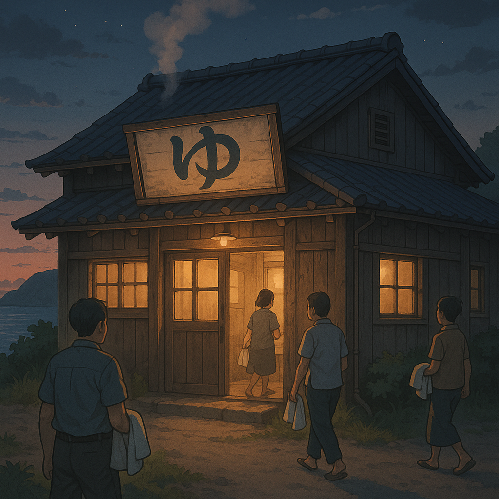 A soft anime-style illustration of a traditional Japanese bathhouse on a quiet island at dusk. The wooden building glows with warm light as steam rises from the roof. Four villagers holding towels walk peacefully toward the entrance, evoking a nostalgic and communal atmosphere.