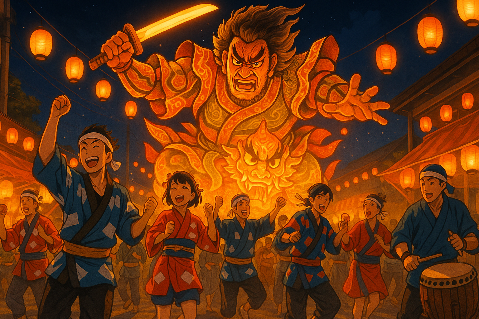 Anime-style illustration of the Nebuta Festival at night in Aomori, showing glowing warrior floats, people dancing in happi coats, lanterns, and taiko drums in a vibrant summer street scene.