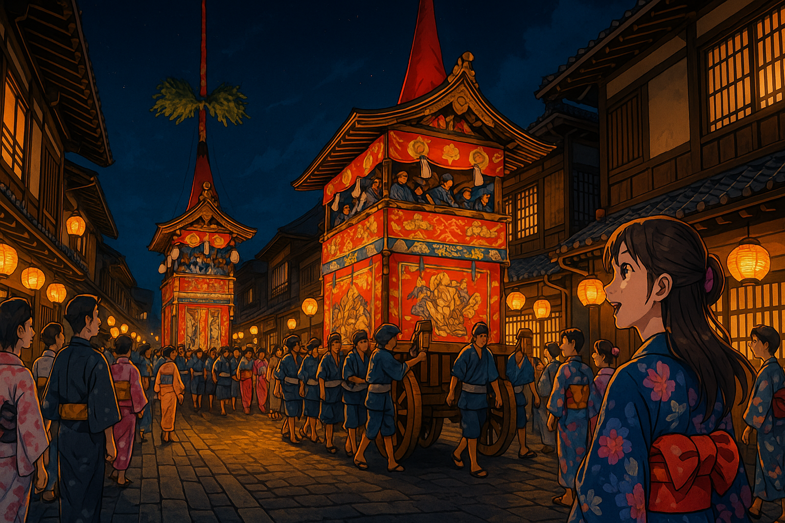 Anime-style illustration of Kyoto’s Gion Festival at night, featuring yamaboko floats illuminated by lanterns, people in yukata, and traditional townhouses creating a festive summer atmosphere