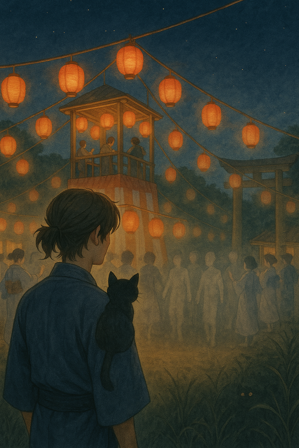 Ilustração em estilo anime de uma noite de festival com Bon Odori — pessoas dançando ao redor da torre (yagura), lanternas iluminadas e atmosfera mágica e nostálgica.