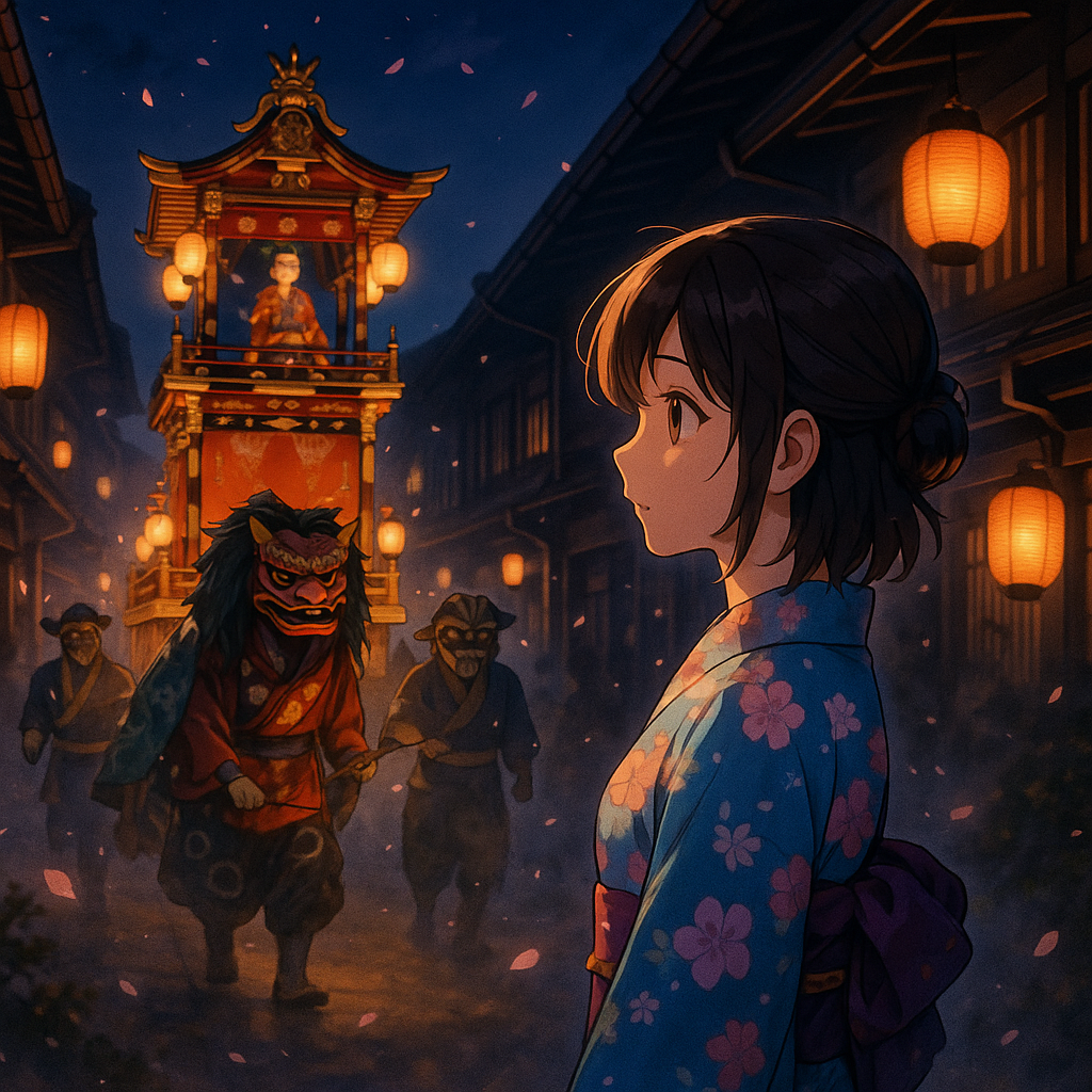 A young woman in a floral yukata watches a traditional Japanese festival parade at night. A glowing festival float with lanterns and a karakuri puppet moves down a lantern-lit street, followed by dancers in lion and ogre masks. The atmosphere is misty and magical, with floating cherry blossom petals enhancing the nostalgic mood.