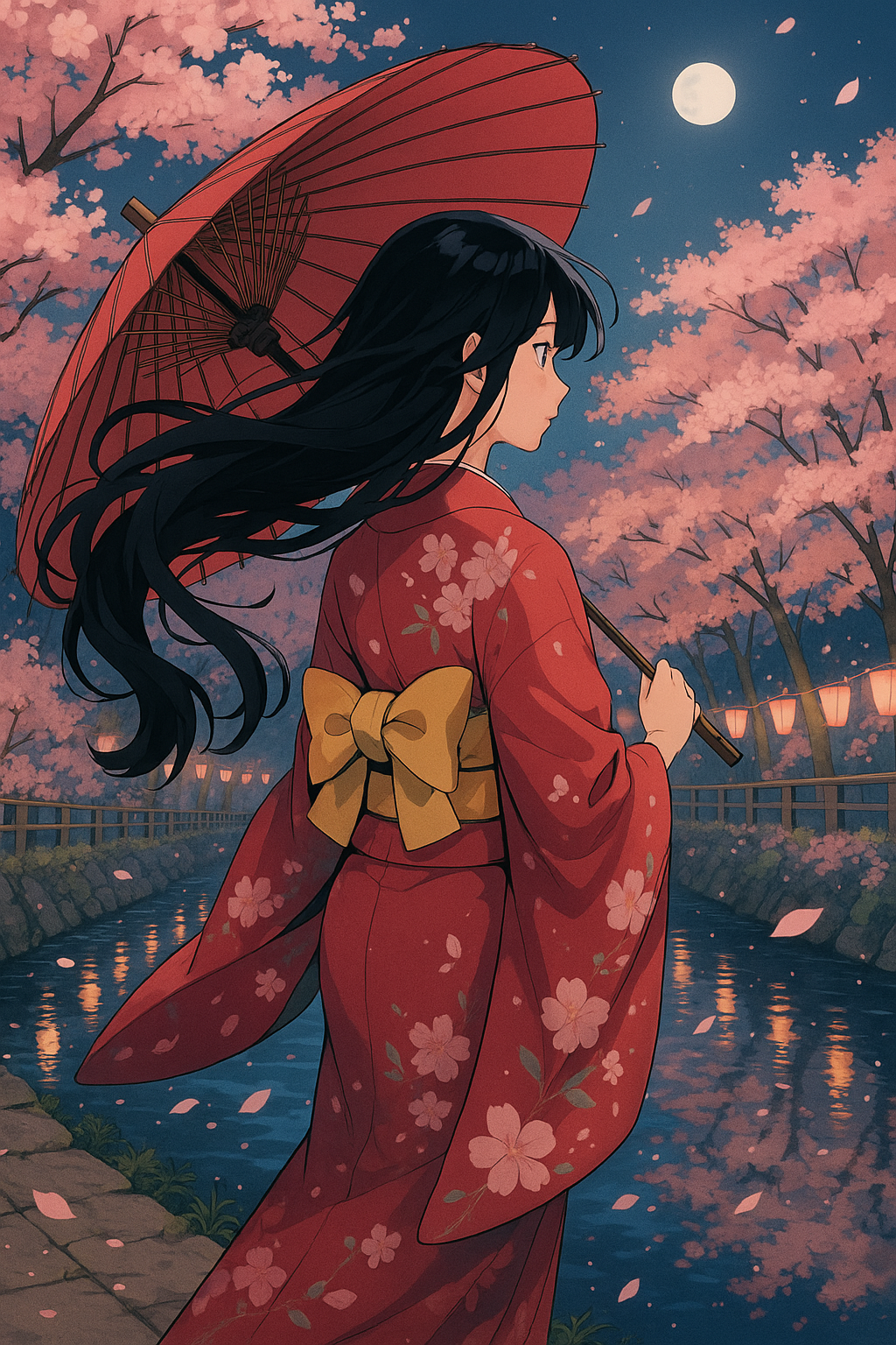 A young Japanese woman in a red cherry blossom-patterned kimono walks beside a river under blooming sakura trees at night. She holds a red paper umbrella and wears a butterfly-style obi. Her long black hair flows in the wind as lanterns softly illuminate the peaceful spring scene.