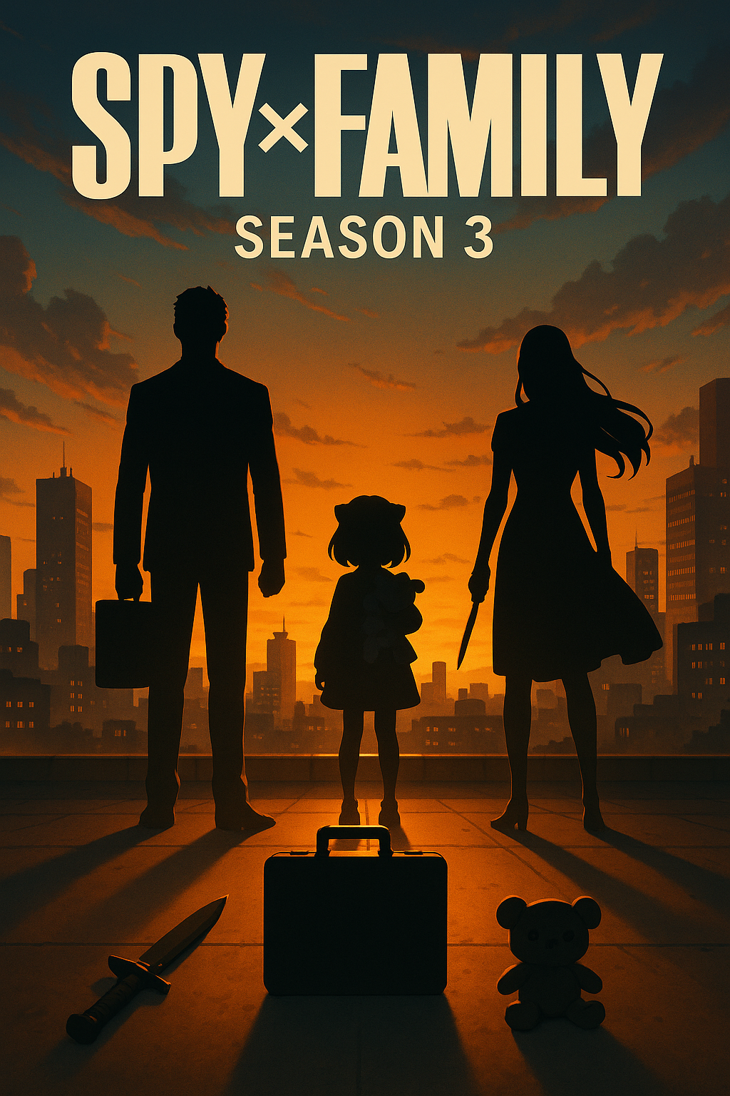 Anime-style illustration of three mysterious silhouettes standing on a rooftop at sunset, with a briefcase, dagger, and stuffed animal in the foreground, inspired by spy and action themes.