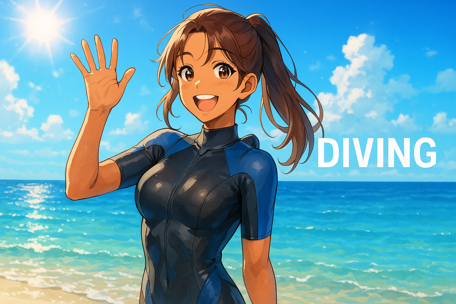 「明るい青空と海を背景に、笑顔で手を振るウェットスーツ姿の若い女性ダイバーのイラスト」