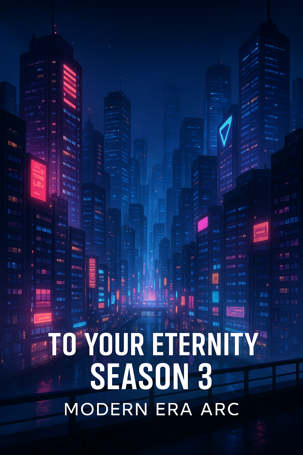 Neon-lit futuristic Japanese cityscape at night inspired by To Your Eternity Season 3 Modern Era Arc, viewed from a rooftop with glowing skyscrapers, misty atmosphere, and bold title text overlay.