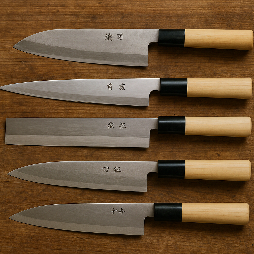 Four types of traditional Japanese kitchen knives on a wooden surface: Deba, Yanagiba, Nakiri, and Gyuto.