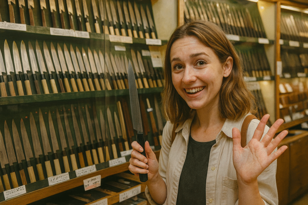A smiling woman holding a Japanese kitchen knife inside a specialty knife shop, surrounded by rows of knives on display.