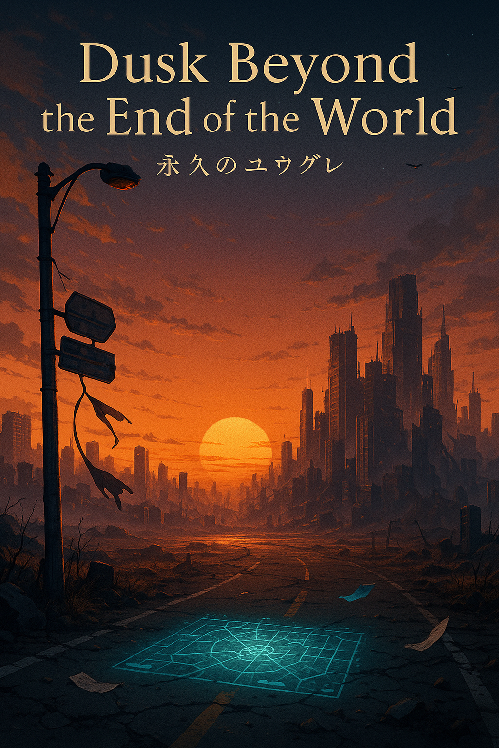 "Anime-style illustration of a post-apocalyptic city under an eternal dusk sky, fading from orange to purple. A large sun sinks near the horizon, casting long shadows. In the foreground, a broken streetlamp, drifting paper in the wind, and a glowing holographic map on the ground. In the distance, mist-covered ruins of skyscrapers and small drones hovering in the sky."