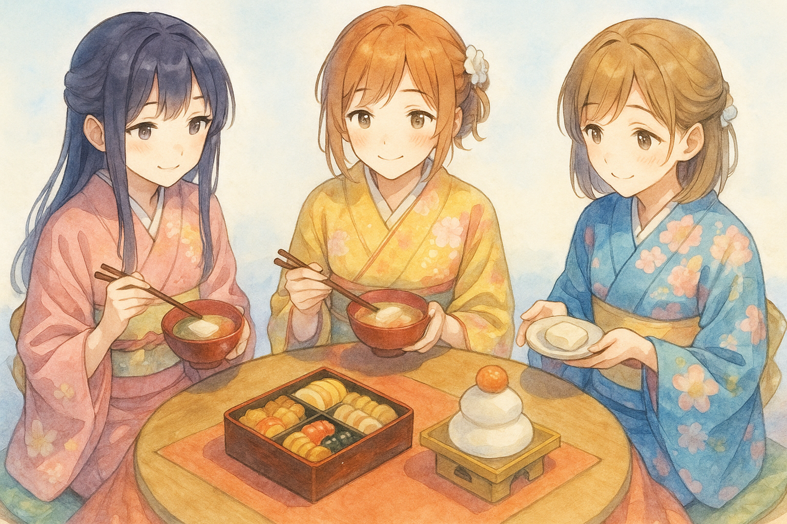 「着物を着た若い女性3人が、こたつの前でおせち料理と雑煮、餅を囲み、穏やかにはにかみながら食事を楽しむアニメ風×セミリアルの水彩イラスト」